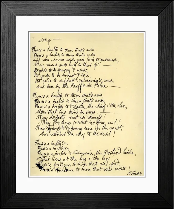 Framed Print : Heres a health to them thats awa, c1792. Artist: Robert Burns Framed Print : Heres a health to them thats awa, c1792. Artist: Robert Burns