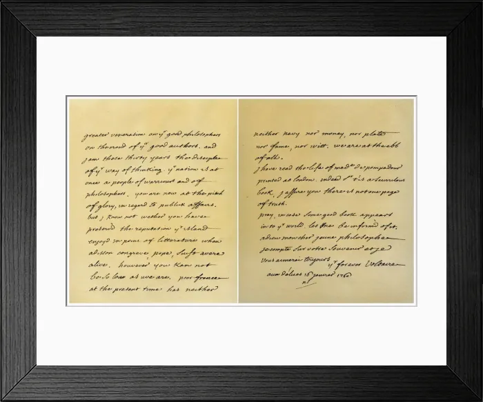 Framed Print : Letter from Francois Marie Arouet de Voltaire to George Keat, 16th January 1760. Artist: Voltaire Framed Print : Letter from Francois Marie Arouet de Voltaire to George Keat, 16th January 1760. Artist: Voltaire