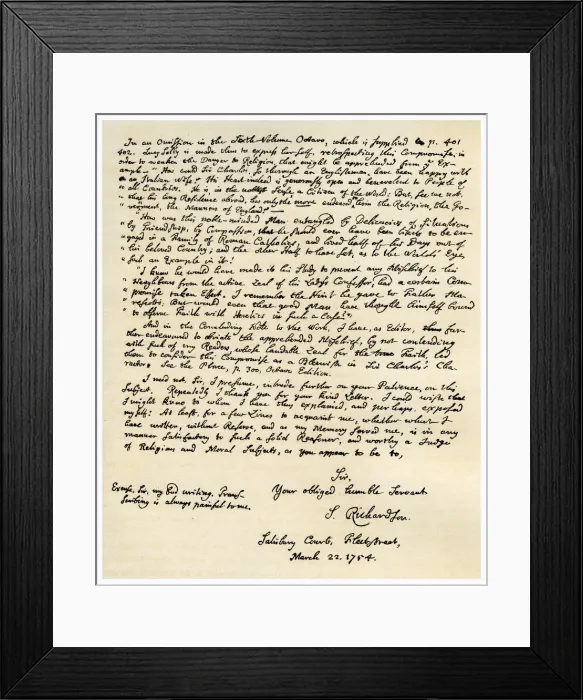 Framed Print : Letter from Samuel Richardson, 22nd March 1754. Artist: Samuel Richardson