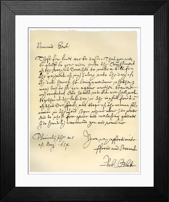 Framed Print : Letter from Admiral Robert Blake to the Commissioners of the Admiralty, 25th August 1654. Artist: Robert Blake Framed Print : Letter from Admiral Robert Blake to the Commissioners of the Admiralty, 25th August 1654. Artist: Robert Blake