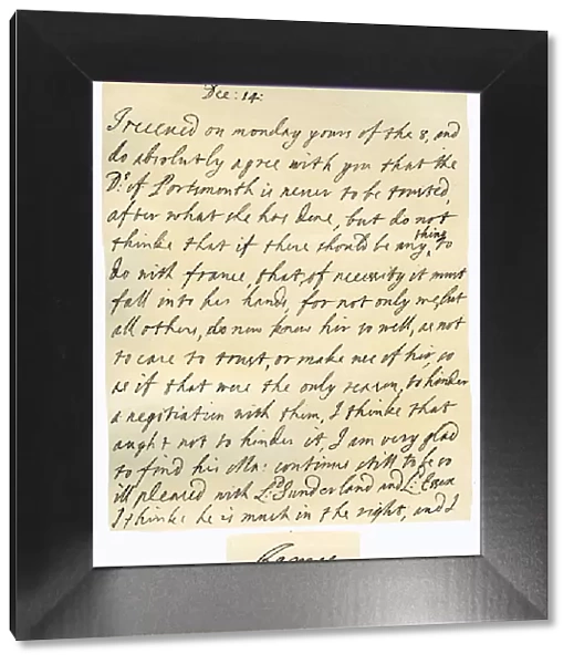 Letter from James II to his brother-in-law, Lawrence Hyde, late 17th century. Artist: King James II
