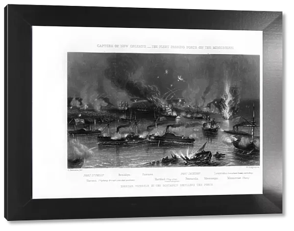 The fleet passing forts on the Mississippi, capture of New Orleans, 1862-1867. Artist: W Ridgway