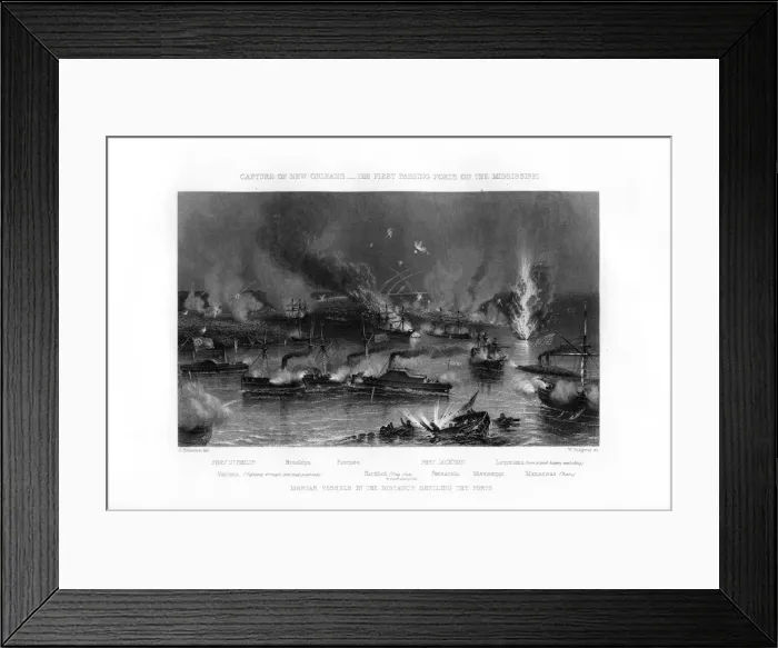 Framed Print : The fleet passing forts on the Mississippi, capture of New Orleans, 1862-1867. Artist: W Ridgway Framed Print : The fleet passing forts on the Mississippi, capture of New Orleans, 1862-1867. Artist: W Ridgway