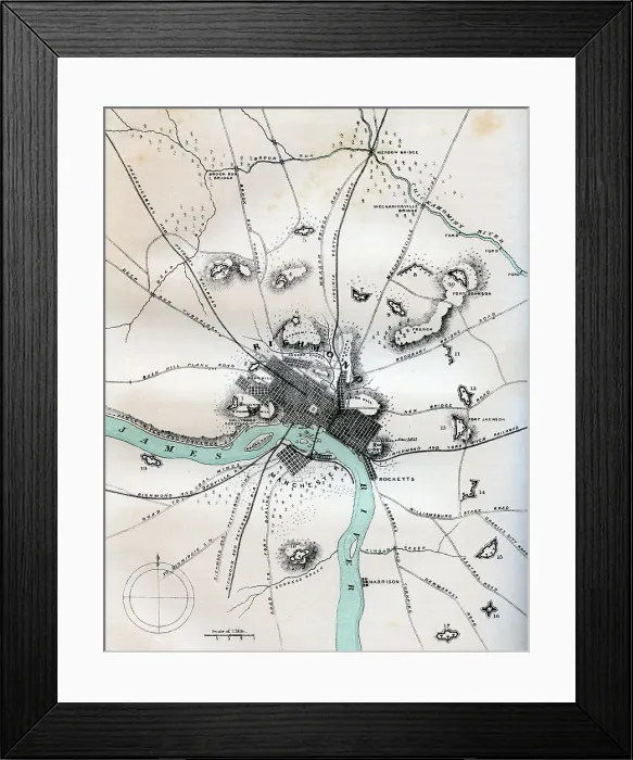 Framed Print : A map of Richmond and its vicinity showing all batteries, 1862-1867. Artist: W Kemble Framed Print : A map of Richmond and its vicinity showing all batteries, 1862-1867. Artist: W Kemble