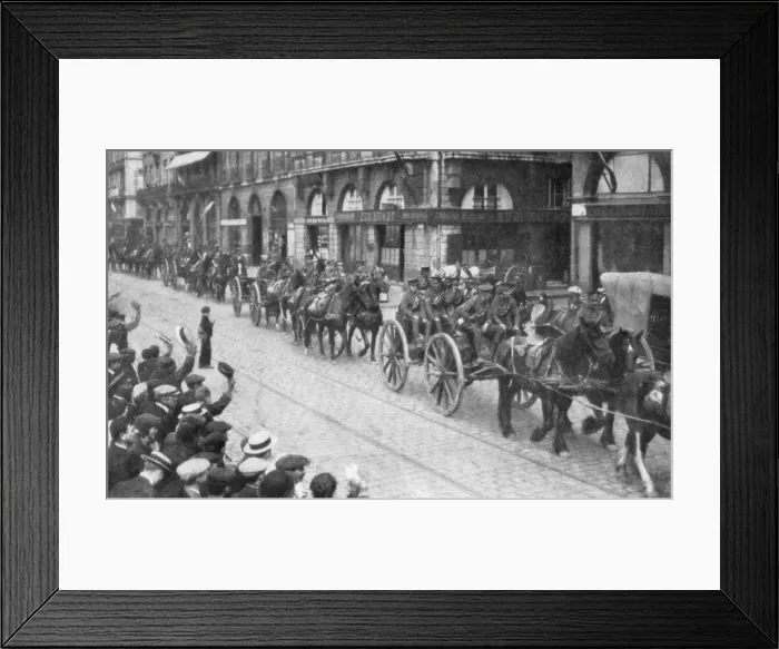 Framed Print : British Horse drawn artillery in Rouen, France, August 1914, (1926) Framed Print : British Horse drawn artillery in Rouen, France, August 1914, (1926)
