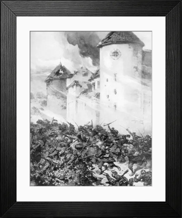Framed Print : French and Germans battle under the walls of Chateau de Mondement, France, 1914. Artist: MHW Koekkok Framed Print : French and Germans battle under the walls of Chateau de Mondement, France, 1914. Artist: MHW Koekkok