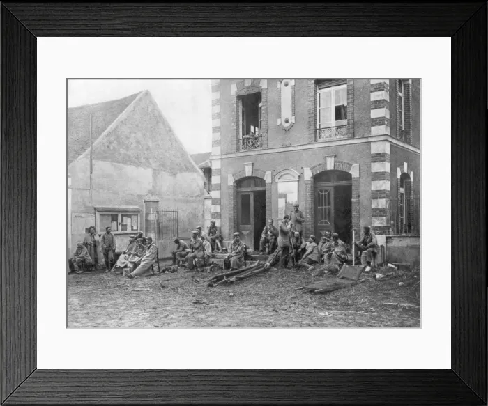 Framed Print : German troops sitting on the steps of the Vareddes Town Hall, France, 1914 Framed Print : German troops sitting on the steps of the Vareddes Town Hall, France, 1914