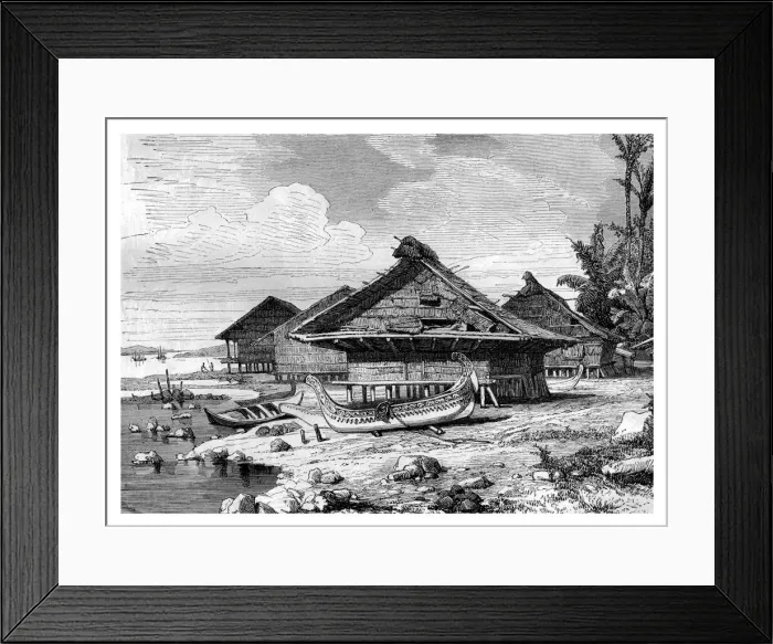 Framed Print : Village on Seram, Indonesia, 19th century. Artist: J Moynet Framed Print : Village on Seram, Indonesia, 19th century. Artist: J Moynet