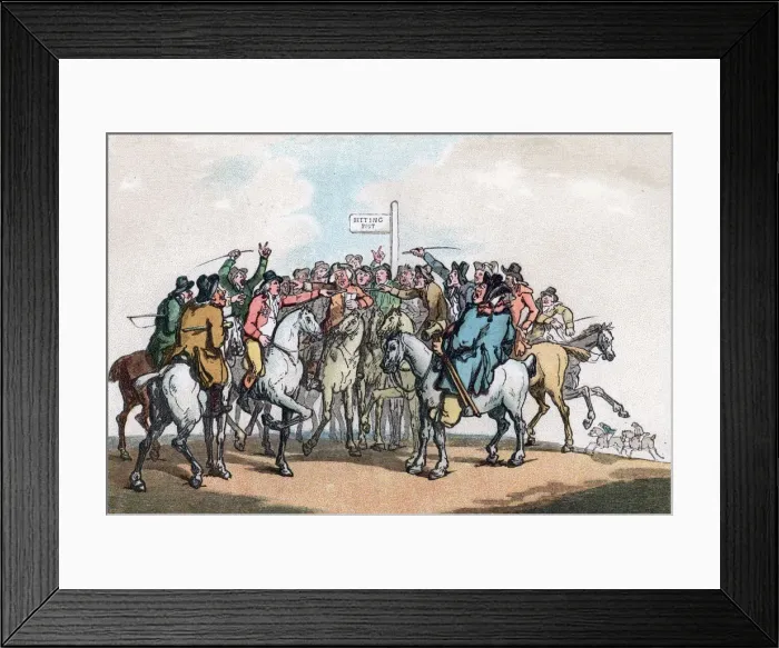Framed Print : The Betting Post, Humours of Fox Hunting, 1799. Artist: Thomas Rowlandson Framed Print : The Betting Post, Humours of Fox Hunting, 1799. Artist: Thomas Rowlandson