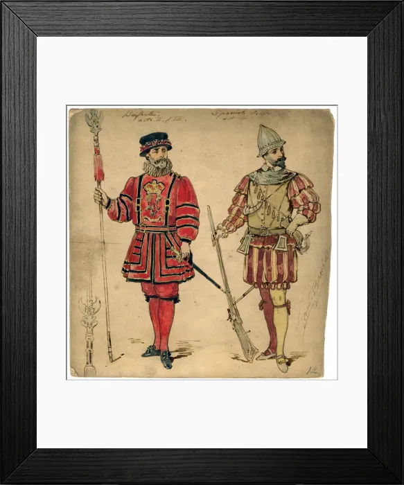 Framed Print : Beefeater and Spanish soldier, 19th century. Artist: Lucien Besche Framed Print : Beefeater and Spanish soldier, 19th century. Artist: Lucien Besche