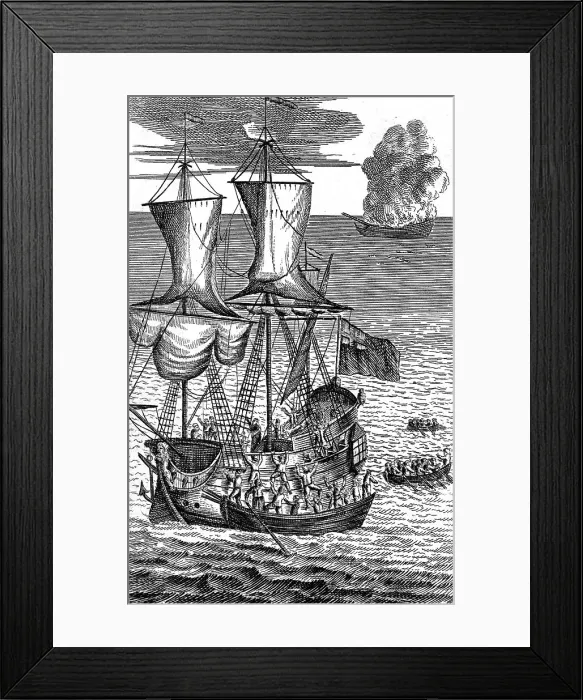 Framed Print : Robinson Crusoe Saves the Crew of a Ship on Fire at Sea, c1719 Framed Print : Robinson Crusoe Saves the Crew of a Ship on Fire at Sea, c1719