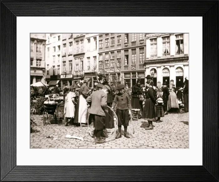 Framed Print : Boys with hoops at a market, Rotterdam, 1898. Artist: James Batkin Framed Print : Boys with hoops at a market, Rotterdam, 1898. Artist: James Batkin