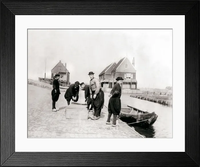 Framed Print : Men and boys in traditional costume by a canal bank, Marken Island, Netherlands, 1898. Artist: James Batkin Framed Print : Men and boys in traditional costume by a canal bank, Marken Island, Netherlands, 1898. Artist: James Batkin