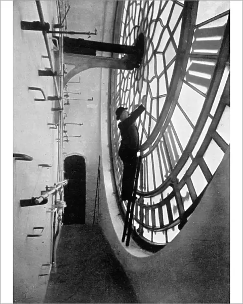 Inside the clock face of Big Ben, Palace of Westminster, London, c1905