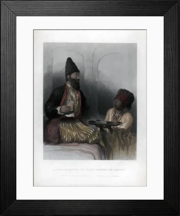 Framed Print : A Persian Prince, his slave bringing him sherbet, 19th century. Artist: H Robinson Framed Print : A Persian Prince, his slave bringing him sherbet, 19th century. Artist: H Robinson