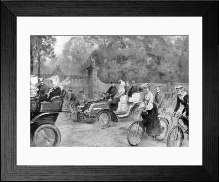 Framed Print : Motors and cycles in Kensington High Street, London, 1903. Artist: Percy Spence Framed Print : Motors and cycles in Kensington High Street, London, 1903. Artist: Percy Spence