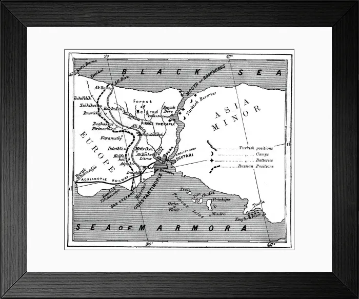 Framed Print : A map showing the positions of Russian and Turkish lines outside Constantinople, 1900 Framed Print : A map showing the positions of Russian and Turkish lines outside Constantinople, 1900