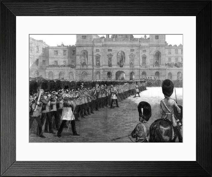 Framed Print : Guards trooping the colours in St Jamess Park on Her Majestys birthday, 1875 Framed Print : Guards trooping the colours in St Jamess Park on Her Majestys birthday, 1875
