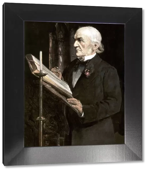 Mr Gladstone reading the lessons in Hawarden Church, late 19th century. Artist: Sydney Prior Hall