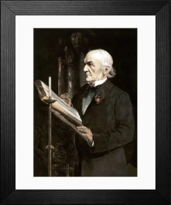Framed Print : Mr Gladstone reading the lessons in Hawarden Church, late 19th century. Artist: Sydney Prior Hall