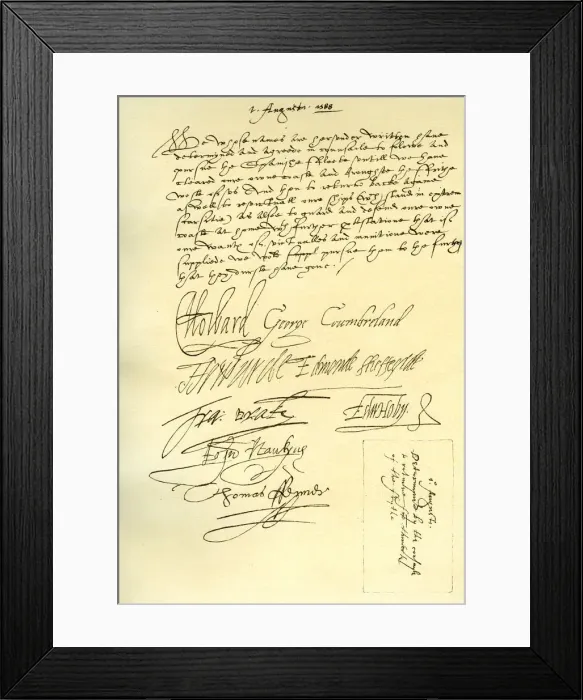 Framed Print : Resolution of a Council of War of the English commanders, 1st August 1588. Artist: Sir Francis Drake Framed Print : Resolution of a Council of War of the English commanders, 1st August 1588. Artist: Sir Francis Drake