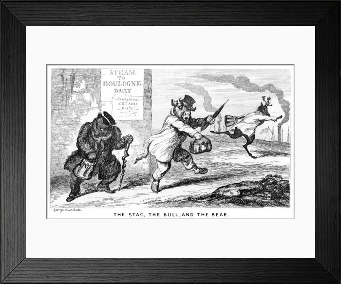 Framed Print : The Stag, the Bull, and the Bear, 19th century. Artist: George Cruikshank Framed Print : The Stag, the Bull, and the Bear, 19th century. Artist: George Cruikshank