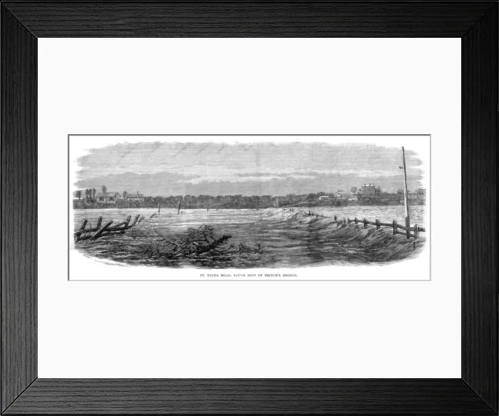 Framed Print : St Kilda Road, south side of Princes Bridge - Floods at Melbourne, Australia, 1864 Framed Print : St Kilda Road, south side of Princes Bridge - Floods at Melbourne, Australia, 1864