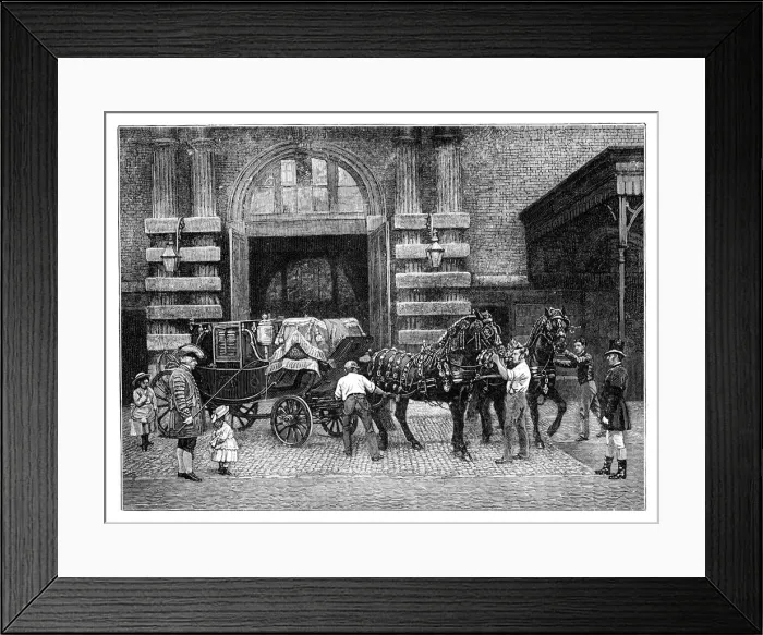 Framed Print : Harnessing the black horses at the Royal Mews, Buckingham Palace, London, c1888 Framed Print : Harnessing the black horses at the Royal Mews, Buckingham Palace, London, c1888