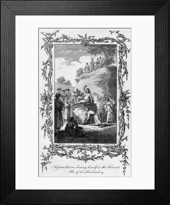 Framed Print : A Gentoo Woman burning herself on the Funeral Pile of her Husband, 18th century. Artist: Samuel Wale Framed Print : A Gentoo Woman burning herself on the Funeral Pile of her Husband, 18th century. Artist: Samuel Wale