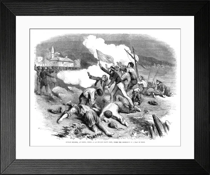 Framed Print : Russian soldiers firing on an English boats crew, under the protection of a flag of truce, 1855 Framed Print : Russian soldiers firing on an English boats crew, under the protection of a flag of truce, 1855