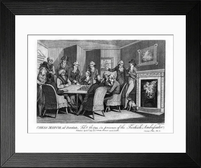 Framed Print : Chess match, at Parsloes, Febuary 23rd, 1794, in the presence of the Turkish Ambassador, 1794. Artist: Cook Framed Print : Chess match, at Parsloes, Febuary 23rd, 1794, in the presence of the Turkish Ambassador, 1794. Artist: Cook