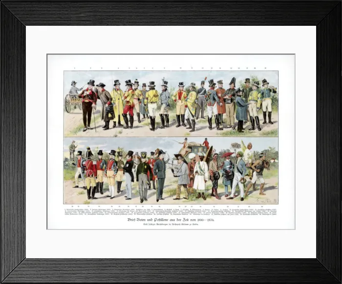 Framed Print : Types of postmen from 1800-1870, (1900) Framed Print : Types of postmen from 1800-1870, (1900)