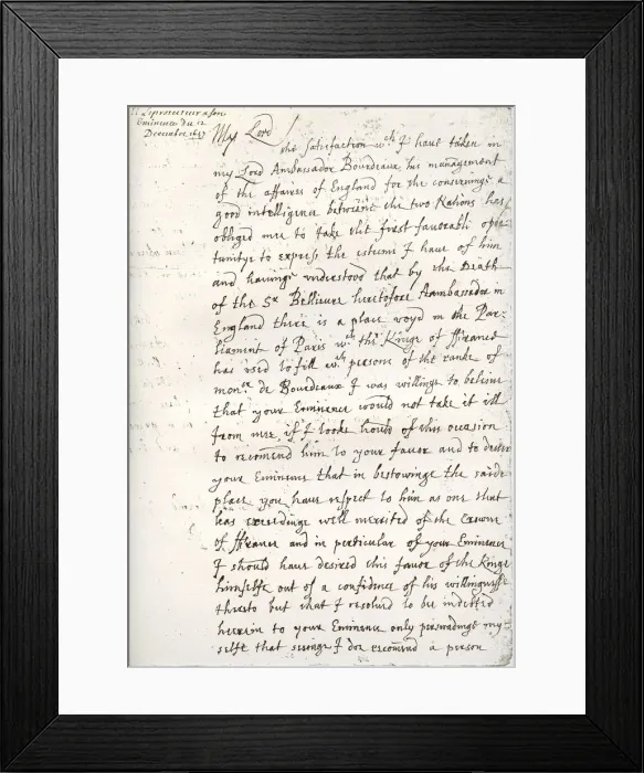 Framed Print : A letter by Oliver Cromwell to Cardinal Mazarin, 4 December 1657, (1899) Framed Print : A letter by Oliver Cromwell to Cardinal Mazarin, 4 December 1657, (1899)