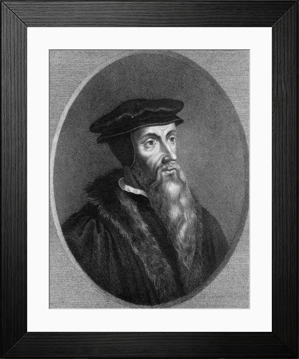 Framed Print : Jean Calvin, 16th century French theologian, (1836). Artist: Thomas Woolnoth Framed Print : Jean Calvin, 16th century French theologian, (1836). Artist: Thomas Woolnoth