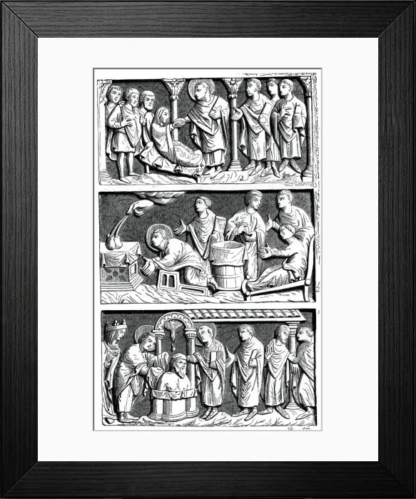 Framed Print : A triptych of the healing work of St Remy, Bishop of Reims, 11th century (1870) Framed Print : A triptych of the healing work of St Remy, Bishop of Reims, 11th century (1870)