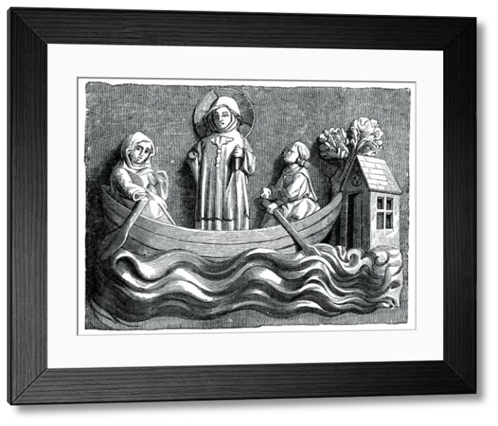 Framed Print : St Julian and St Basilissa, his wife, conveying Christ in their boat, 13th century (1870) Framed Print : St Julian and St Basilissa, his wife, conveying Christ in their boat, 13th century (1870)