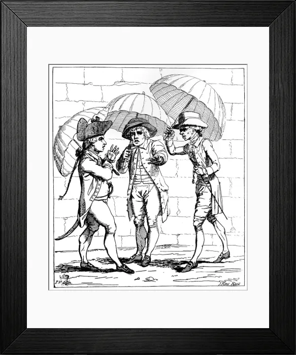 Framed Print : A Meeting of Umbrellas 1782. Artist: J Kent Framed Print : A Meeting of Umbrellas 1782. Artist: J Kent