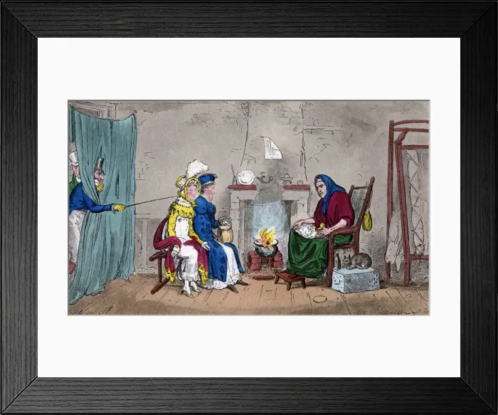 Framed Print : Tom and Jerry, catching Kate and Sue on the fly, having their fortunes told, 19th century. Artist: Isaac Robert Cruikshank