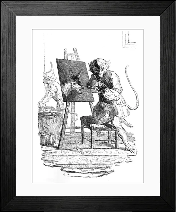 Framed Print : An Ape painting an Ass, 1753. Artist: George Bickham Framed Print : An Ape painting an Ass, 1753. Artist: George Bickham