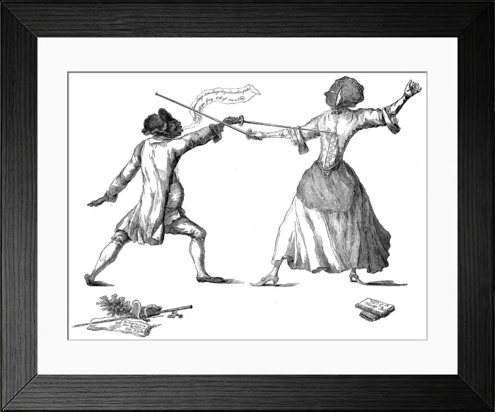 Framed Print : Mlle la Chevaliere d Eon de Beaumont fencing at Carlton House, 9th April 1787 Framed Print : Mlle la Chevaliere d Eon de Beaumont fencing at Carlton House, 9th April 1787