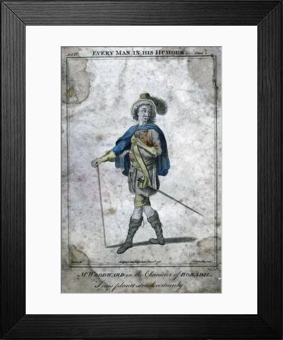 Framed Print : Mr Woodward in the character of Bobadil, 1776. Artist: J Reading Framed Print : Mr Woodward in the character of Bobadil, 1776. Artist: J Reading
