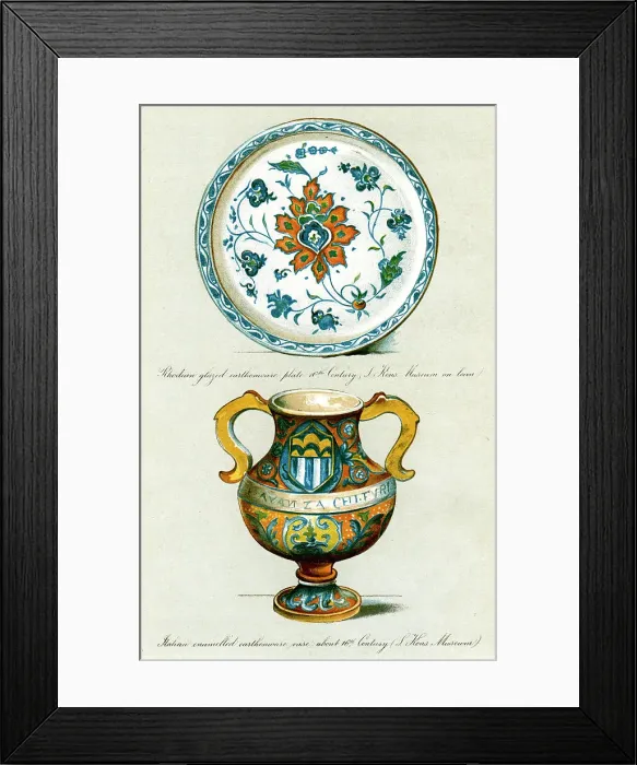 Framed Print : Majolica. Rhodian glazed plate and Italian earthenware vase, both from the 16th century Framed Print : Majolica. Rhodian glazed plate and Italian earthenware vase, both from the 16th century