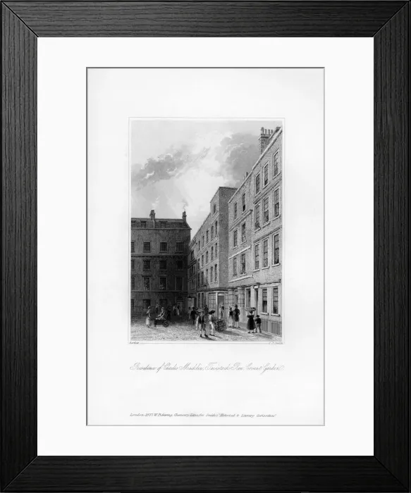 Framed Print : Exterior of the last residence of Charles Macklin, Tavistock Row, Covent Garden, 1840. Artist: C J Smith Framed Print : Exterior of the last residence of Charles Macklin, Tavistock Row, Covent Garden, 1840. Artist: C J Smith