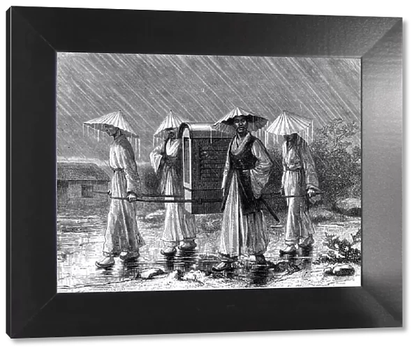 Palanquin bearers in rain costume, Korea, 19th century. Artist: Mario Azzopardi