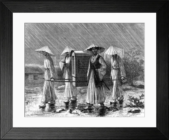 Framed Print : Palanquin bearers in rain costume, Korea, 19th century. Artist: Mario Azzopardi Framed Print : Palanquin bearers in rain costume, Korea, 19th century. Artist: Mario Azzopardi