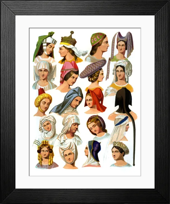 Framed Print : Womens hats of different classes of society, 13th-16th century (1849). Artist: Thurwanger Freres