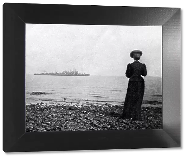 The Empress Maria Feodorovna looking at a Danish naval vessel off Hvidovre, Denmark, 1908. Artist: Queen Alexandra