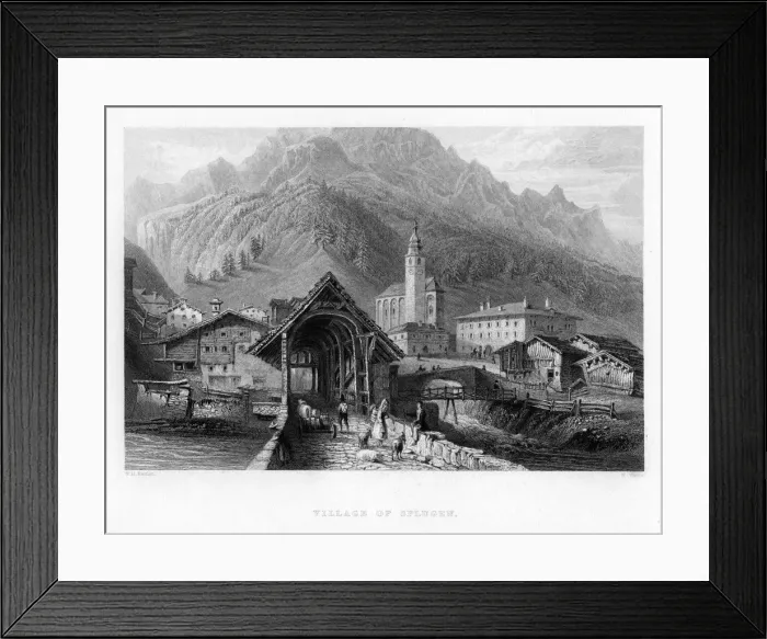 Framed Print : Village of Splugen, Switzerland, 1834. Artist: W Wallis Framed Print : Village of Splugen, Switzerland, 1834. Artist: W Wallis