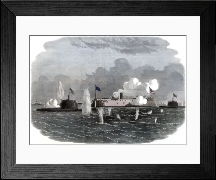 Framed Print : The iron-clad frigate, new ironsides, and two Ericsson batteries going into action at Charleston, 18