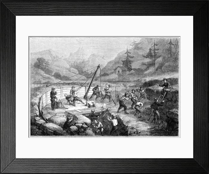 Framed Print : Excavating and washing of sands at the bottom of a river, California, 19th century. Artist: Gustave Adolphe Chassevent-Bacques Framed Print : Excavating and washing of sands at the bottom of a river, California, 19th century. Artist: Gustave Adolphe Chassevent-Bacques